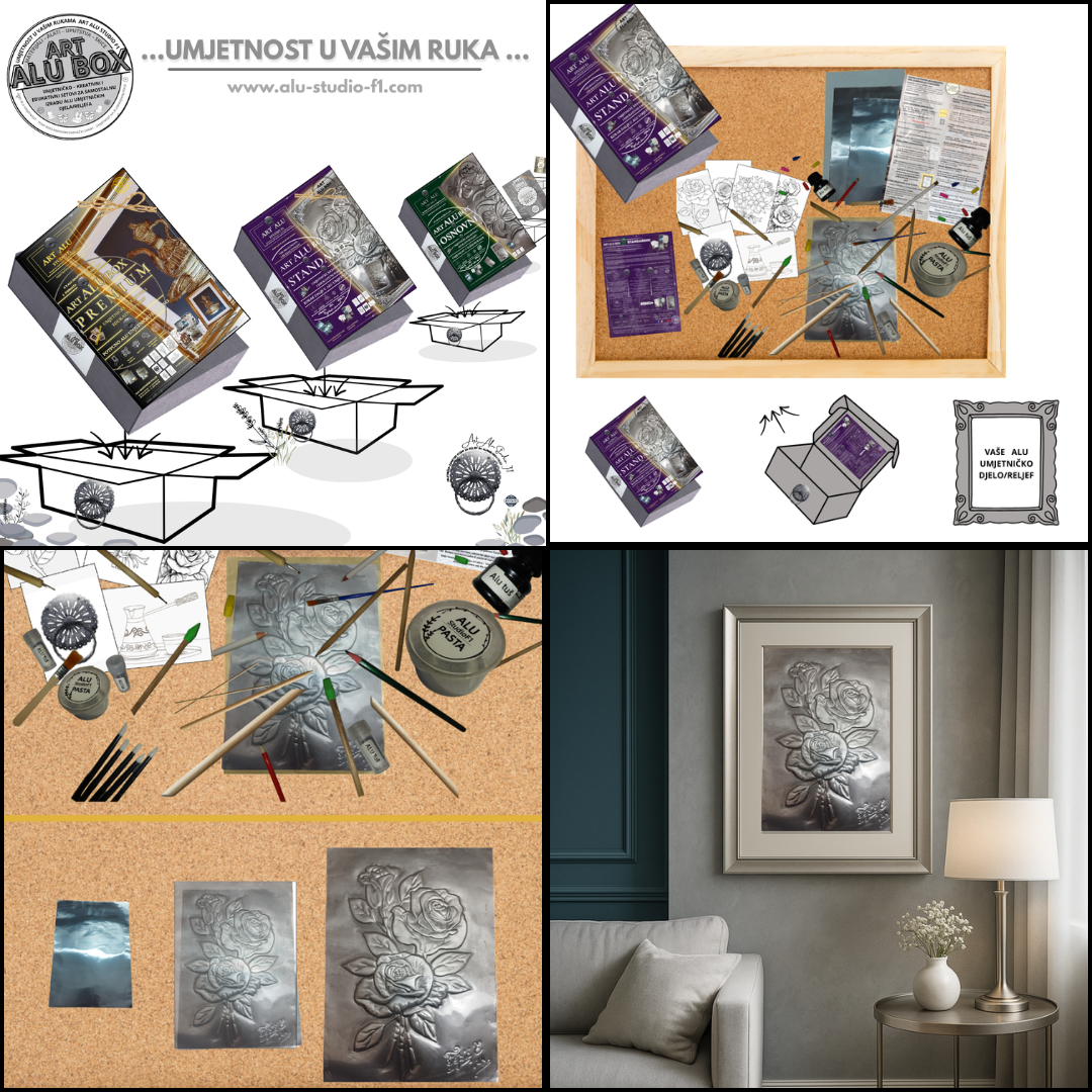 Art Alu Box paket sa alatima, materijalima i procesom izrade alu reljefa do gotovog umjetničkog djela u interijeru