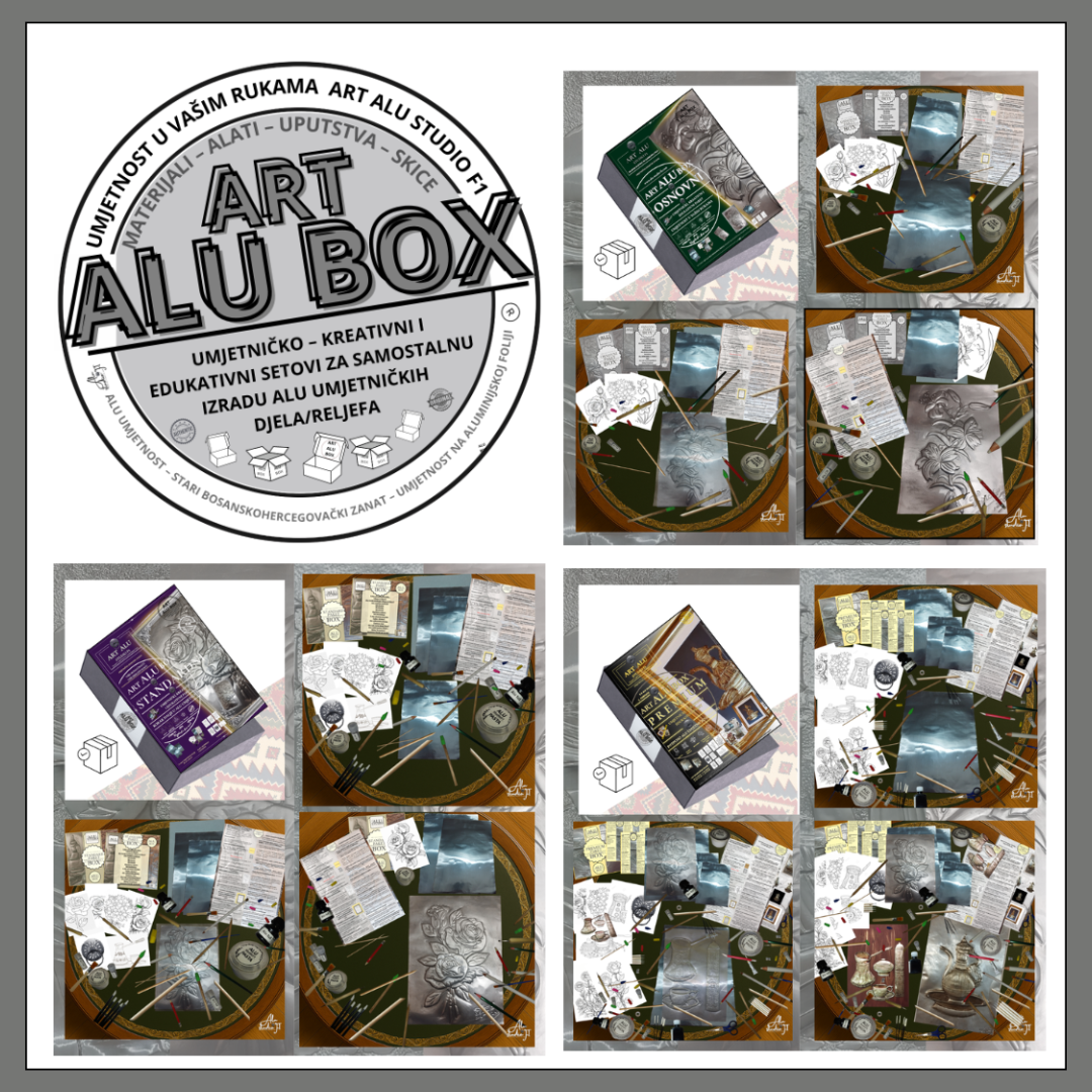 Art Alu Box paket sa alatima, materijalima, skicama i uputstvima za izradu vlastitog alu reljefa i autentične uspomene iz Bosne i Hercegovine